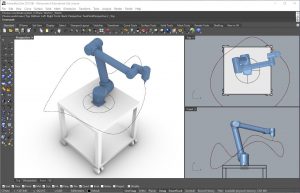 Rhinoceros 3D software: Quick modelling, and straightforward control of robots. In this example a simulation of a UR10 robot is tracing a loop drawn in Rhino by the user.